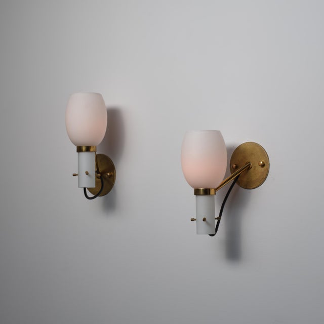 Metal Italian Brass Wall Sconces with Opaline Glass Shades, 1950s, Set of 2 For Sale - Image 7 of 11