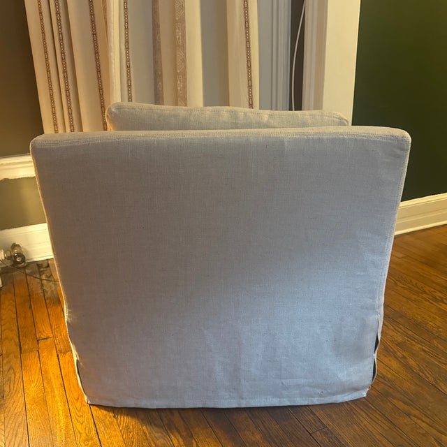 2020s Pair Restoration Hardware Belgian Slipcovered Square Arm Lounge Chairs Linen Skirted For Sale - Image 5 of 9
