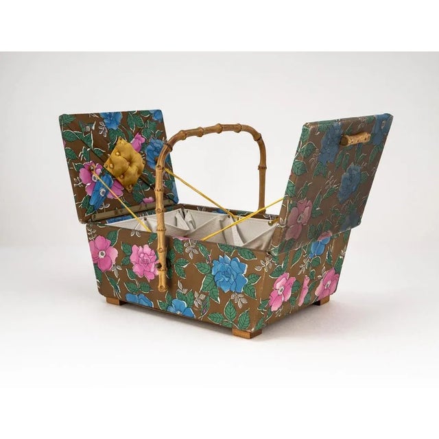 Mid-Century Sewing Basket with Bamboo Handle & Floral Decor, 1970s For Sale - Image 9 of 18