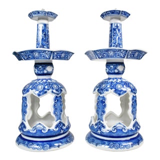 1970's Chinoiserie Pagoda Blue & White Porcelain Candle Stick Holders - a Pair For Sale