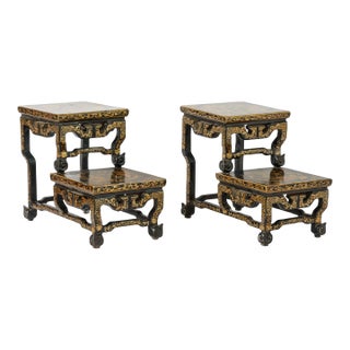 Pair Chinese Black & Gold Lacquer Diminutive Double Display Stand, Late 19Th.Century For Sale