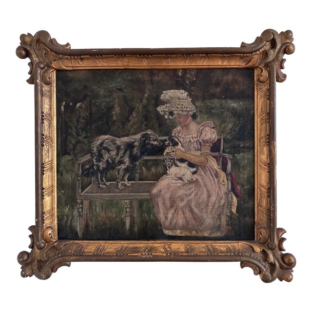 Antique Original Oil Painting of Woman With Dogs in a Garden For Sale