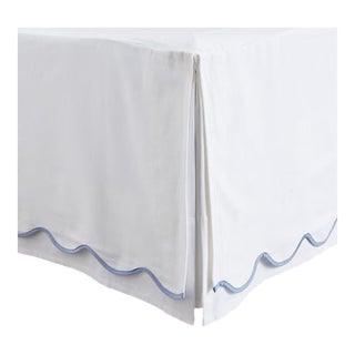 Set of 2 Ballard Designs Emma Scalloped Bed Skirts in White/Cornflower Trim For Sale