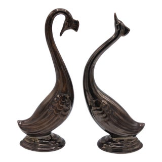 Mid Century Modern Bronze Ceramic Cranes - Set of 2 For Sale