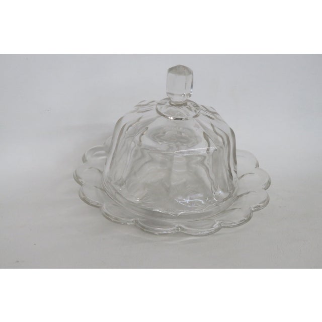 Mid 20th Century Clear Pressed Glass Covered Butter Cheese Serving Dish Petal Scalloped Rim For Sale - Image 11 of 16