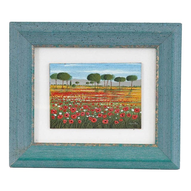 Mita Romano, Poppy Field, 1990s, Tempera on Panel, Framed For Sale