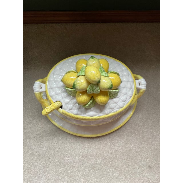 This vintage MAJOLICA 4pc Basketweave & Lemons Soup Tureen from the ROBERT NEMITH HARVEST COLLECTION features a charming...