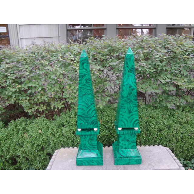 Pair of Large Carved Wood Faux Malachite Obelisks For Sale - Image 11 of 12