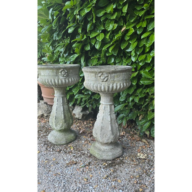 Weathered Garden Urns on Plinths, 1930, Set of 2 For Sale - Image 3 of 9