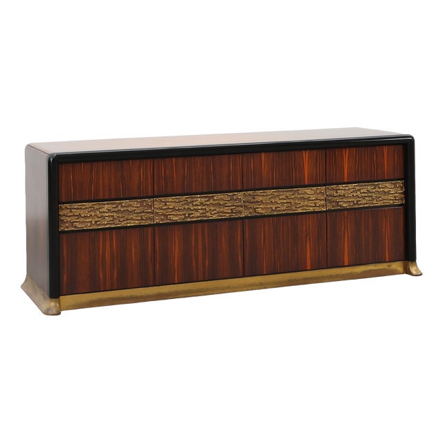 Brutalist Sculptural Wood and Brass Credenza, Italy, 1970s For Sale
