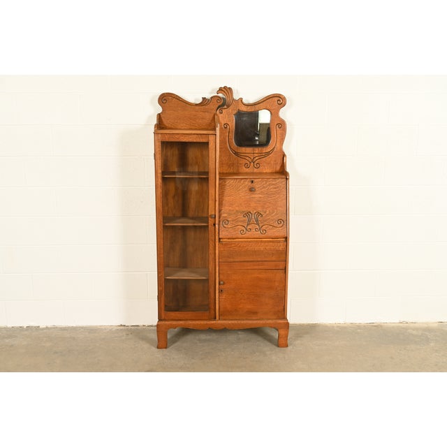 Antique Victorian Carved Oak Side-by-Side Bookcase With Drop Front Secretary Desk, Circa 1900 For Sale - Image 12 of 12