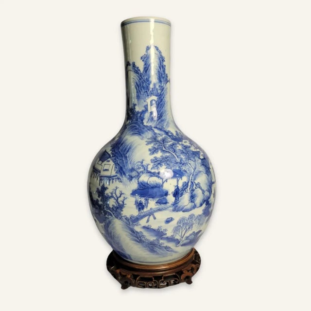 Mid 19th Century Qing Dynasty Blue and White Baluster Form Vase and Stand Drilled for Conversion to Lamp For Sale - Image 12 of 12