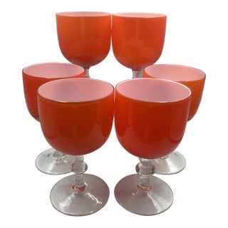 Rare Carlo Moretti Italy Orange Cased Glass Wine Glasses Goblets - Set of 6 For Sale