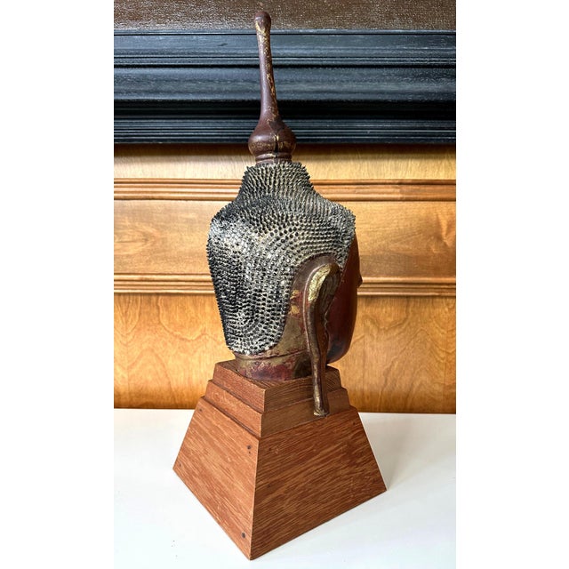 Wood Antique Burmese Lacquer and Gilt Buddha Head Sculpture For Sale - Image 7 of 18