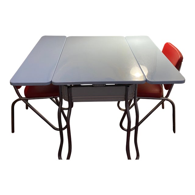 1940s Powder Blue Enamel Dining Table With Hairpin Legs + 2 Red Leather Chairs For Sale