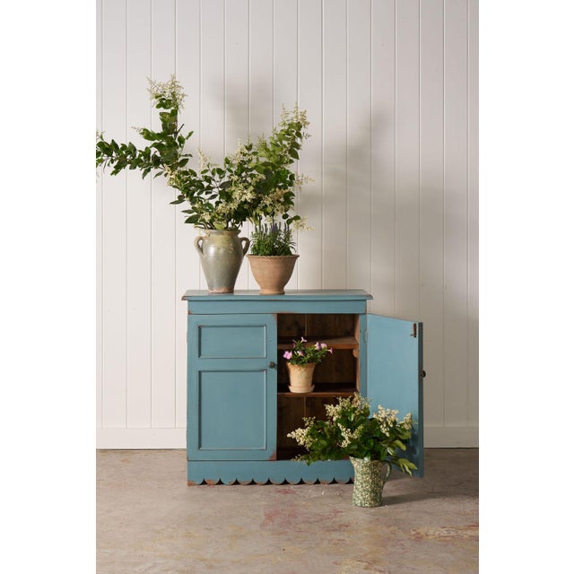 Antique English Blue Painted Cabinet with Interior Shelves + Scalloped Apron. Later Painted