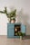 Antique English Blue Painted Cabinet with Interior Shelves + Scalloped Apron. Later Painted
