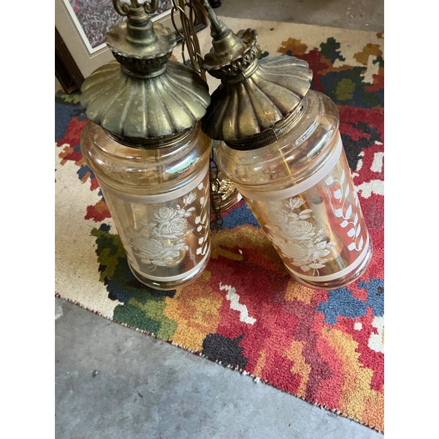 Metal Pair of 1970s Glass Pendant Lights With Floral and Brass Accents For Sale - Image 7 of 12