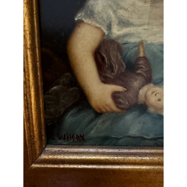 Blue Late 19th Century Victorian-Style Portrait of a Young Girl With Doll by R. Wilson – Ornate Gilt Frame For Sale - Image 8 of 8