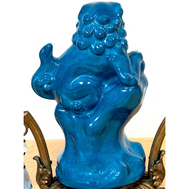 Early 20th Century French Belle Époque Chinoiserie Foo Dog Candelabra Lamp, Turquoise Flambé For Sale - Image 4 of 11