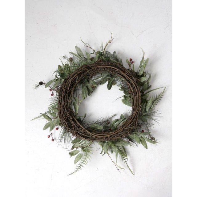 Farmhouse Vintage Christmas Wreath With Twig Frame and Frosted Greenery For Sale - Image 3 of 8