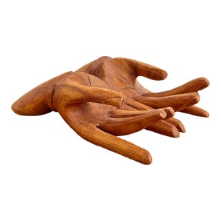 Vintage Carved Wooden Human Hands Business Card Holder For Sale