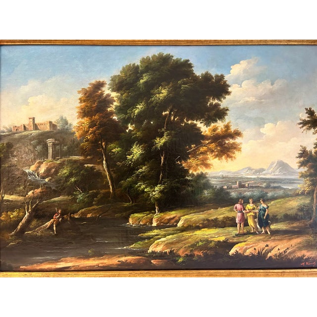 Large early 19th century Flemish classical landscape painting. Signed illegibly. Detailed scene features a stream and...