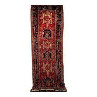 Antique Persian Heriz Karajeh Runner, Hand-Knotted Wool, Geometric Medallion Pattern, Red & Navy, 4x14 For Sale