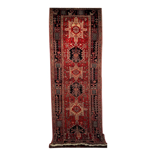 Antique Persian Heriz Karajeh Runner, Hand-Knotted Wool, Geometric Medallion Pattern, Red & Navy, 4x14 For Sale