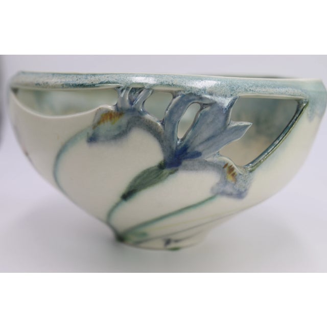 Vintage 1990s Robert Finn Porcelain Studio Art Pottery Cutout Work Iris & Columbine Bowl/Centerpiece Signed For Sale In San Francisco - Image 6 of 10