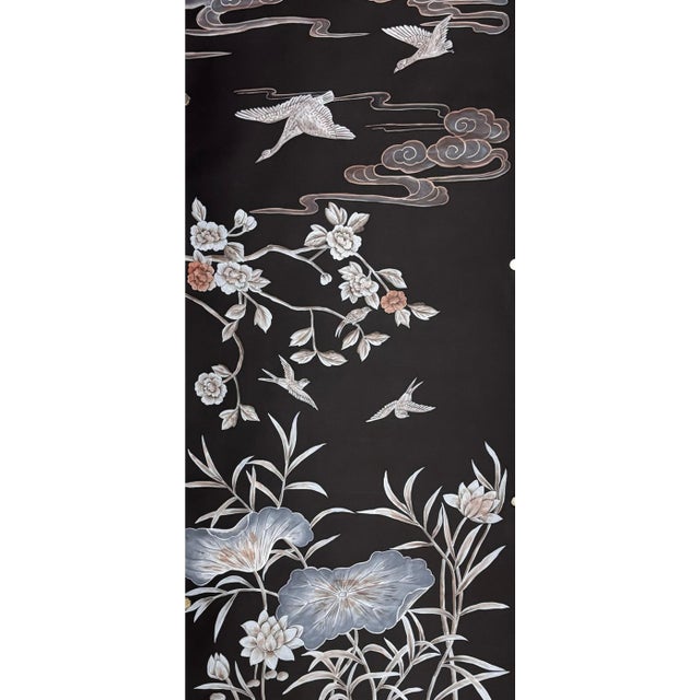 Chinoiserie Black Hand-Painted Wallpaper, Floral & Bird Mural Wall Panels, Set of 6 For Sale - Image 4 of 7