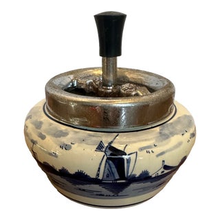 Vintage Blue Delft With Push and Spin Top Ashtray 1950’s Holland Windmills For Sale