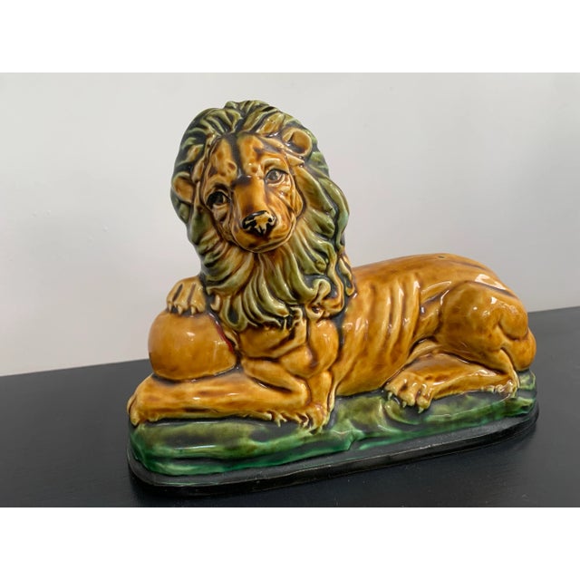 Traditional Vintage Enesco Majolica Resting Lion on Ball For Sale - Image 3 of 7