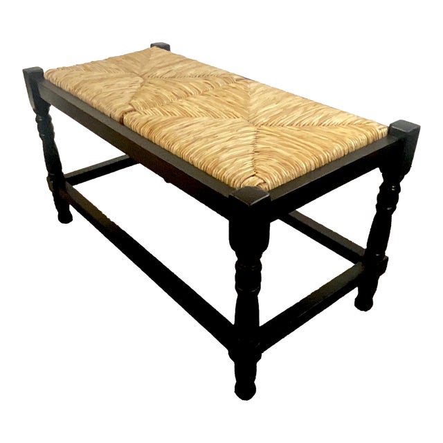 Late 20th Century Coastal Boho Chic Ebonized Wood Bench With Rush Seat. For Sale