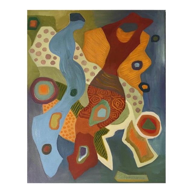 Marc Zimmerman "Floral Abstract Iv" Oil Painting, Botanical Abstraction, Warm Earth Tones, Blue and Red Accents, Contemporary Art West Coast For Sale
