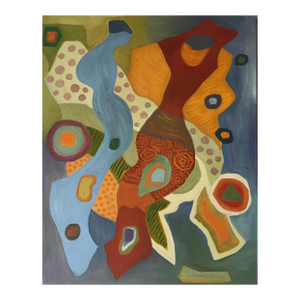 Marc Zimmerman "Floral Abstract Iv" Oil Painting, Botanical Abstraction, Warm Earth Tones, Blue and Red Accents, Contemporary Art West Coast