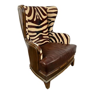 Maitland - Smith Wingback Cowhide Zebra Print Leather Lounge Chair For Sale