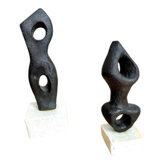 Signed Abstract/Biomorphic Black Stoneware Sculptures After Georges Jouve, Modernist, 2011, a Pair For Sale