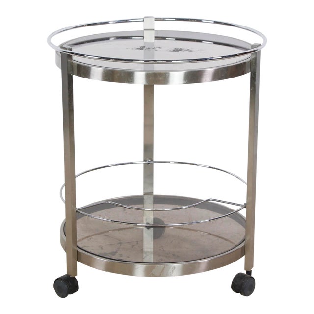 Mid 20th Century European Nickeled Steel Round Tinted Glass Bar Cart For Sale