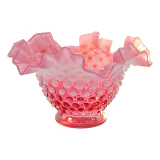 Vintage Fenton Cranberry Opalescent Hobnail Ribbon Bowl - Ruffled Crimped 6.75” For Sale