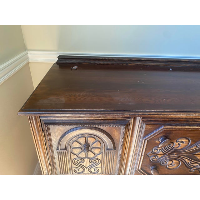 Antique 1920s Jacobean Revival Carved Oak Sideboard / Buffet For Sale - Image 4 of 9