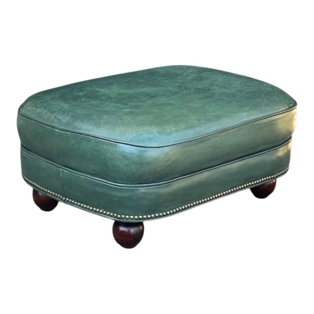 English 1960s Classic English Style Green Leather Ottoman With Nailhead Trim and Bun Feet For Sale - Image 3 of 8