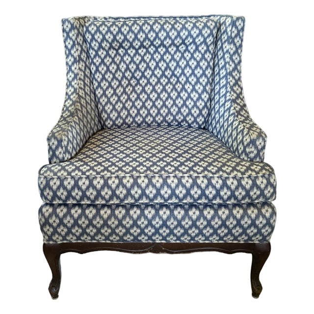 Mid Century Queen Anne Style Modified Wing Back Chair in Ikat Upholstery For Sale