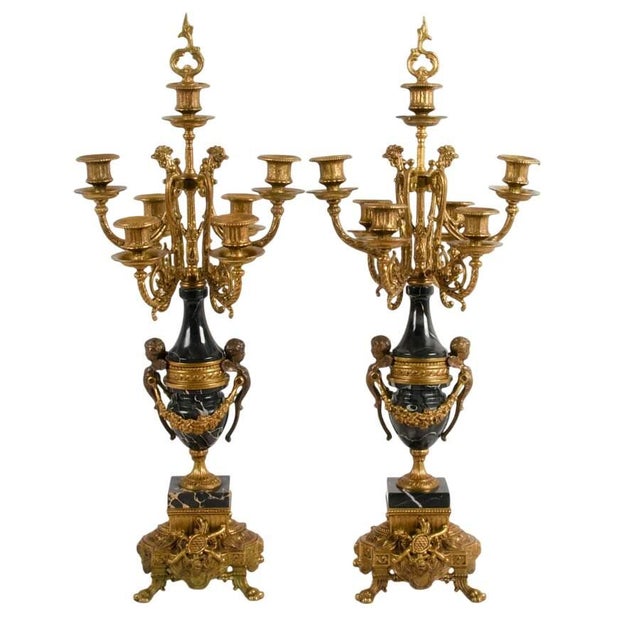 Bronze Imperial Italian Brevettato Gilt Bronze Mantel Clock Garniture Set With Candelabra For Sale - Image 8 of 13
