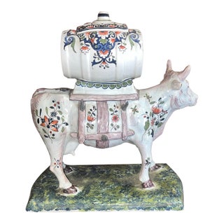 Mid 20th Century French Painted Faience Cow Creamer Dispenser For Sale