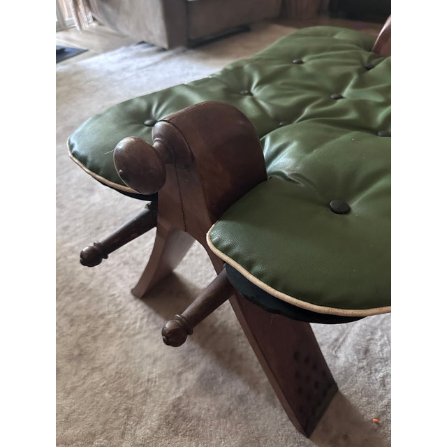 Vintage Moroccan Style Tufted Green Leather Camel Saddle Footstool - Ottoman For Sale - Image 4 of 6