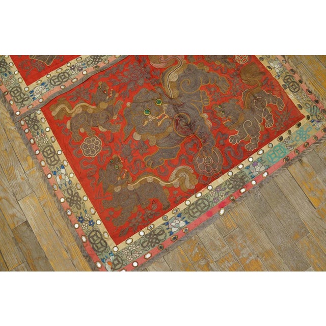 1920s 1920s Red Foo Dog Antique Chinese Silk Textiles Embroidery 3' X 3' Rug For Sale - Image 5 of 14