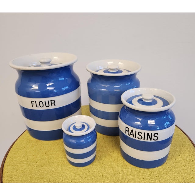 Early 20th Century 1930's T. Green Cornish Ware Blue and White Ceramic Canister - Set of 4 For Sale - Image 5 of 12