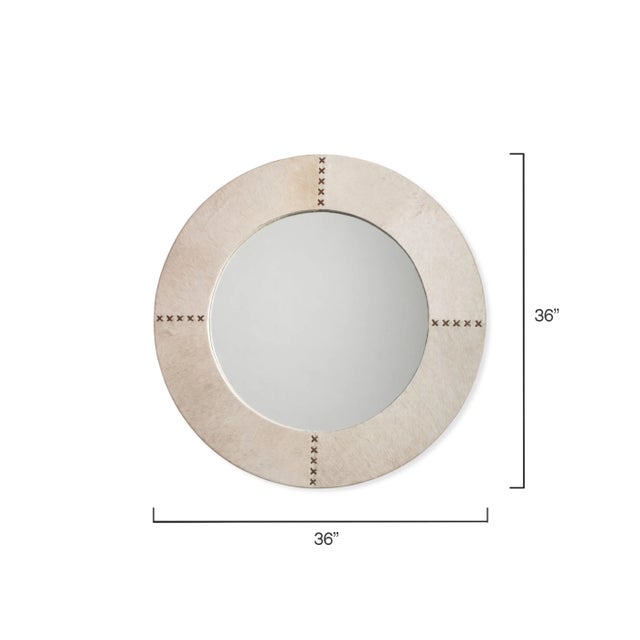 Traditional Jamie Young Round Cross Stitch Mirror in White Cow Hide & Leather, Large For Sale - Image 3 of 6