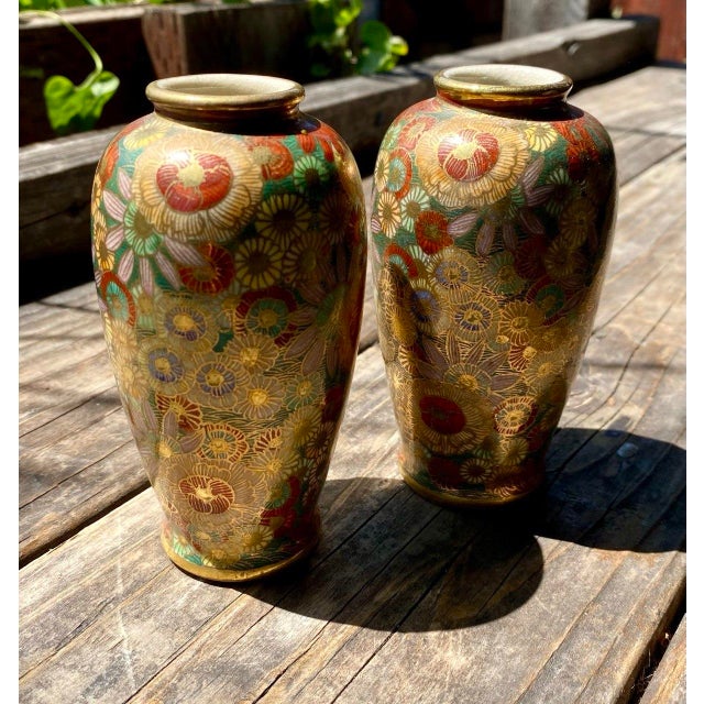 Charming matched pair of Japanese Satsuma miniature cabinet vases featuring finely detailed hanazume decoration with...